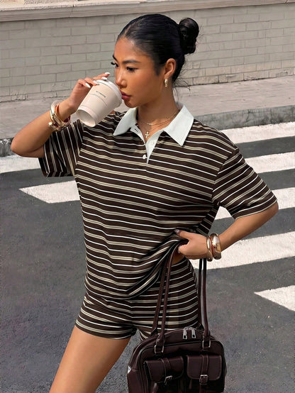 Muchica Women's Brown Striped Striped Stripe Striped Knit Set, Summer Outfit Retro Outfits For Ootd Aesthetic Casual Ytk Clothes Back-To-School Brunch Travel