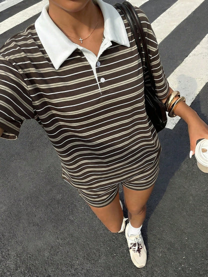 Muchica Women's Brown Striped Striped Stripe Striped Knit Set, Summer Outfit Retro Outfits For Ootd Aesthetic Casual Ytk Clothes Back-To-School Brunch Travel