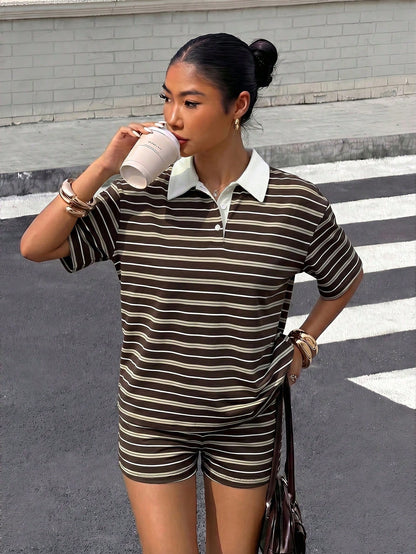 Muchica Women's Brown Striped Striped Stripe Striped Knit Set, Summer Outfit Retro Outfits For Ootd Aesthetic Casual Ytk Clothes Back-To-School Brunch Travel
