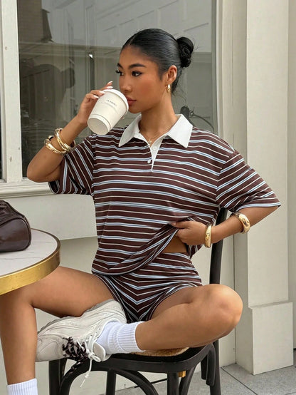 Muchica Women's Brown Striped Striped Stripe Striped Knit Set, Summer Outfit Retro Outfits For Ootd Aesthetic Casual Ytk Clothes Back-To-School Brunch Travel