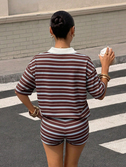 Muchica Women's Brown Striped Striped Stripe Striped Knit Set, Summer Outfit Retro Outfits For Ootd Aesthetic Casual Ytk Clothes Back-To-School Brunch Travel