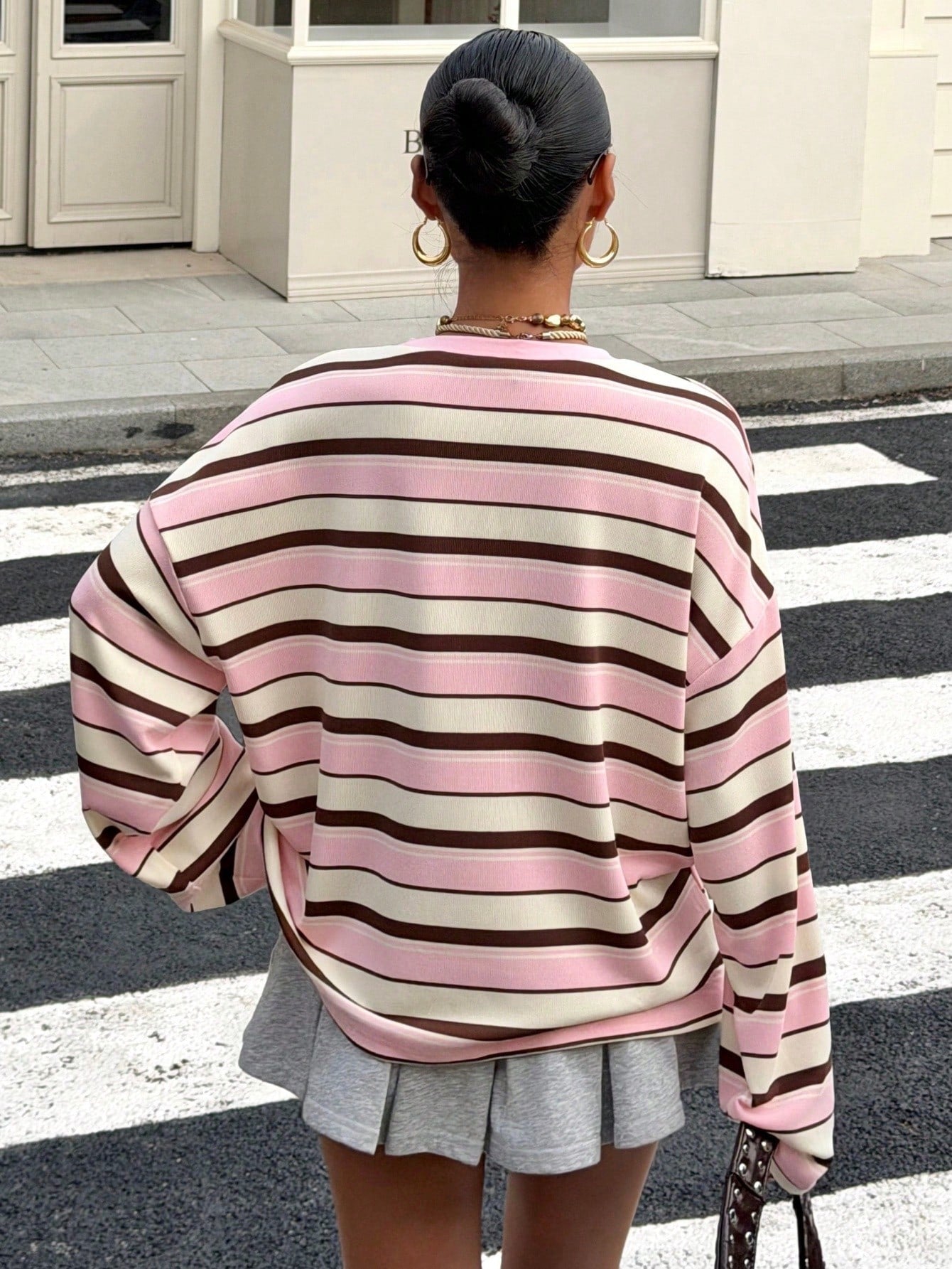 Muchica Women's Plus Size Crew Neck Drop Shoulder Long Sleeve Pink Loose T-Shirt,Autumn,Oversized 90s Traditional Whimsical,School,Back-To-School,Streetwear