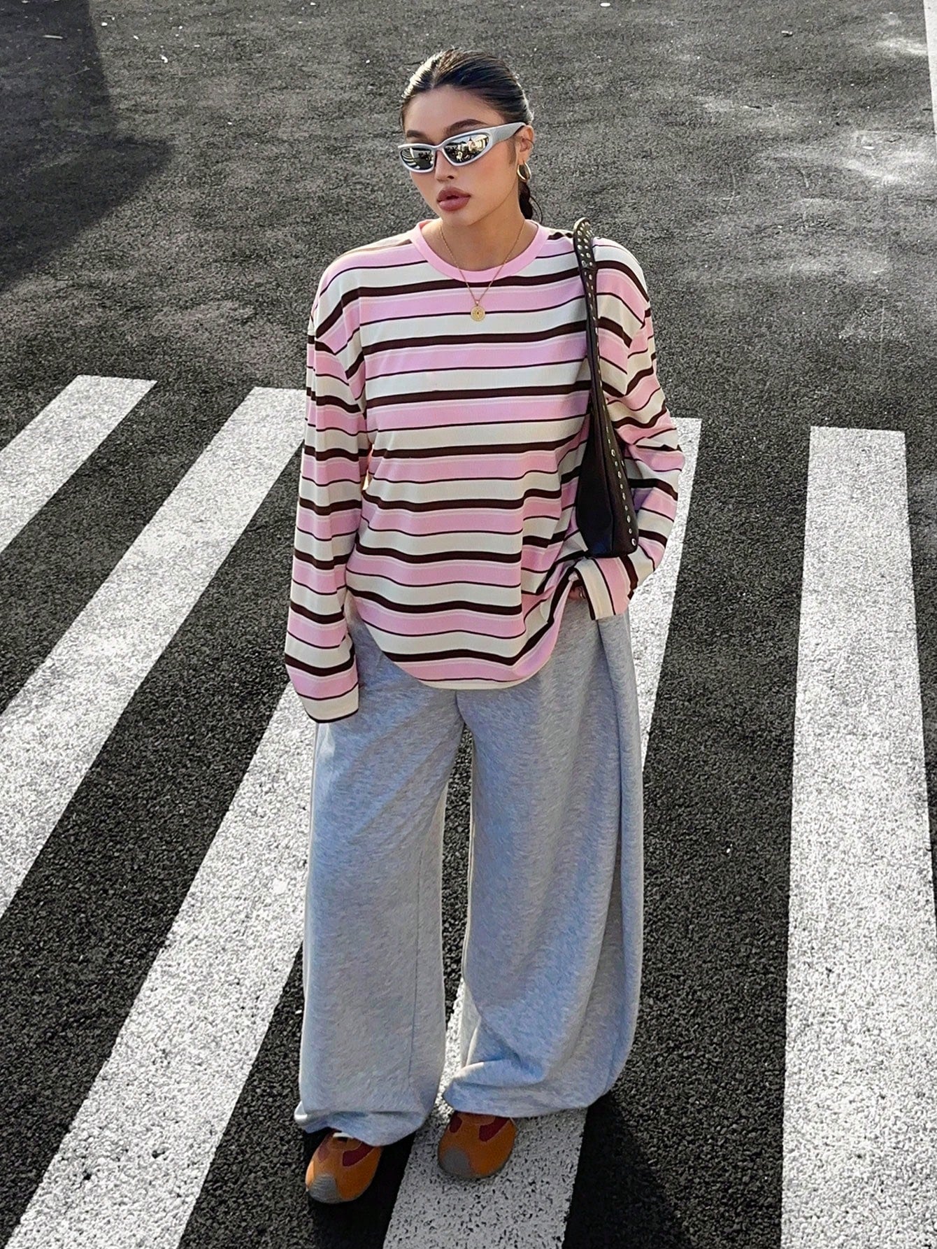 Muchica Women's Plus Size Crew Neck Drop Shoulder Long Sleeve Pink Loose T-Shirt,Autumn,Oversized 90s Traditional Whimsical,School,Back-To-School,Streetwear
