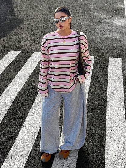 Muchica Women's Plus Size Crew Neck Drop Shoulder Long Sleeve Pink Loose T-Shirt,Autumn,Oversized 90s Traditional Whimsical,School,Back-To-School,Streetwear