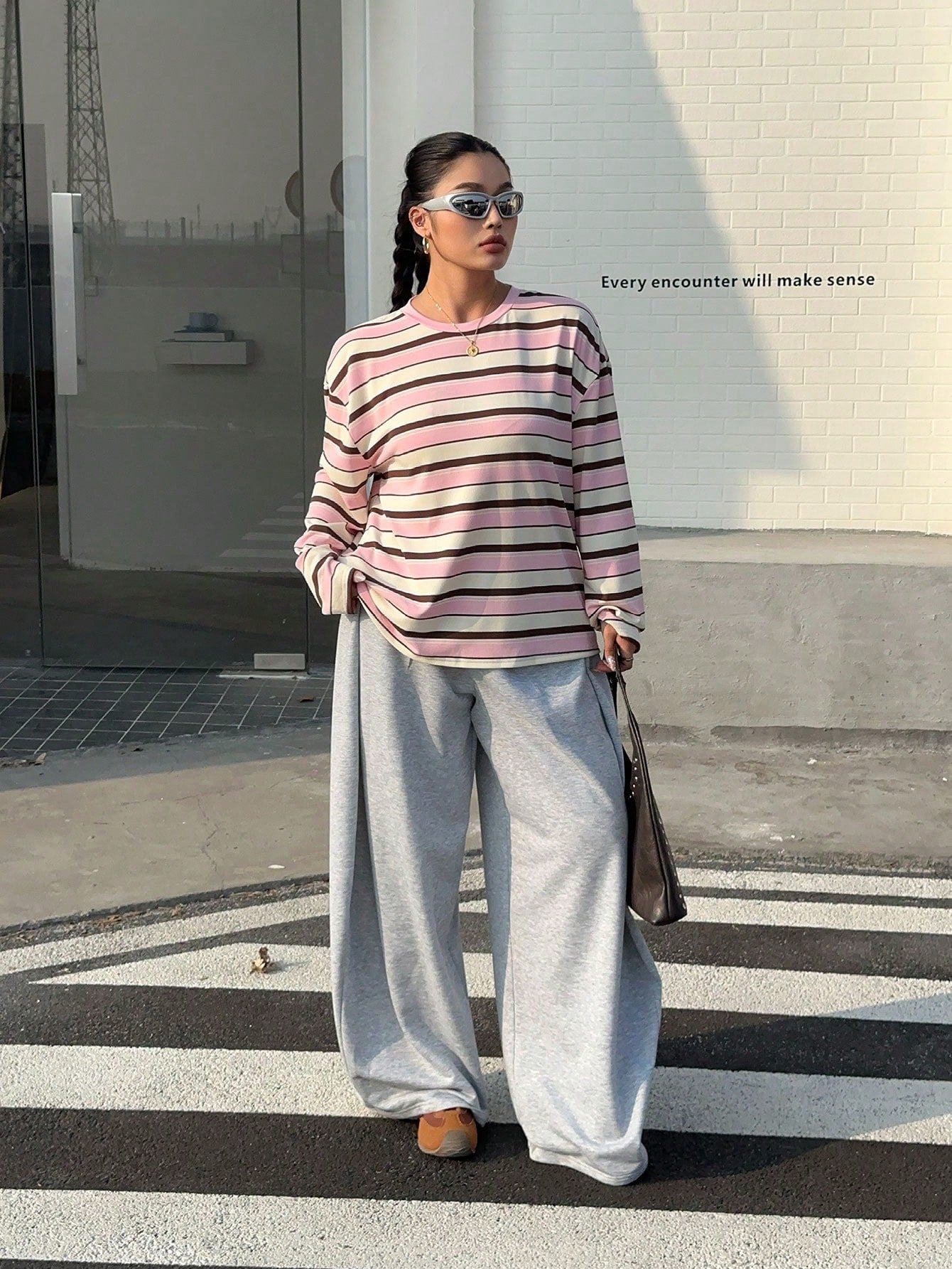 Muchica Women's Plus Size Crew Neck Drop Shoulder Long Sleeve Pink Loose T-Shirt,Autumn,Oversized 90s Traditional Whimsical,School,Back-To-School,Streetwear