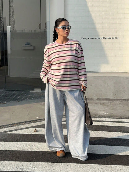 Muchica Women's Plus Size Crew Neck Drop Shoulder Long Sleeve Pink Loose T-Shirt,Autumn,Oversized 90s Traditional Whimsical,School,Back-To-School,Streetwear