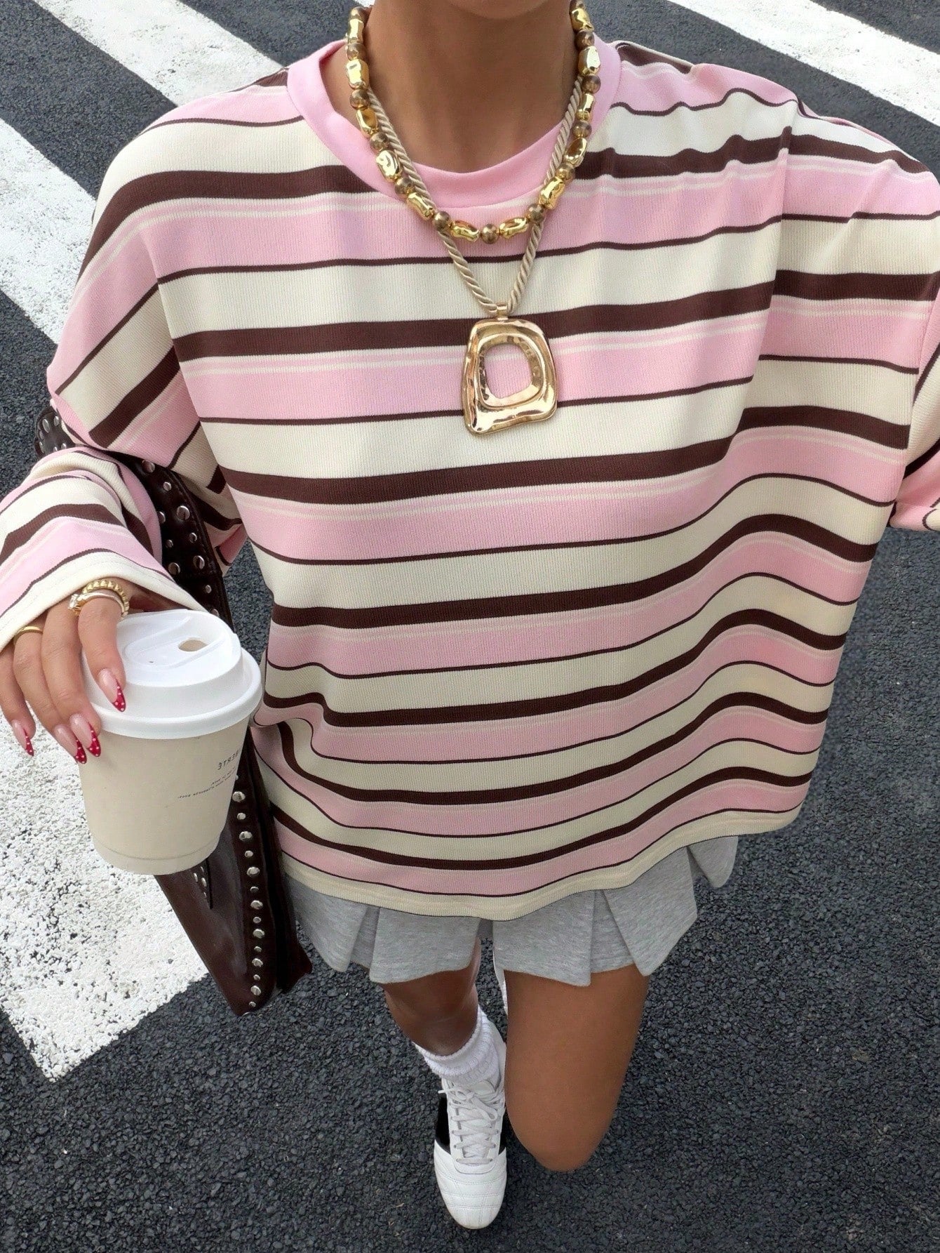 Muchica Women's Plus Size Crew Neck Drop Shoulder Long Sleeve Pink Loose T-Shirt,Autumn,Oversized 90s Traditional Whimsical,School,Back-To-School,Streetwear
