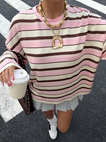 Muchica Women's Plus Size Crew Neck Drop Shoulder Long Sleeve Pink Loose T-Shirt,Autumn,Oversized 90s Traditional Whimsical,School,Back-To-School,Streetwear
