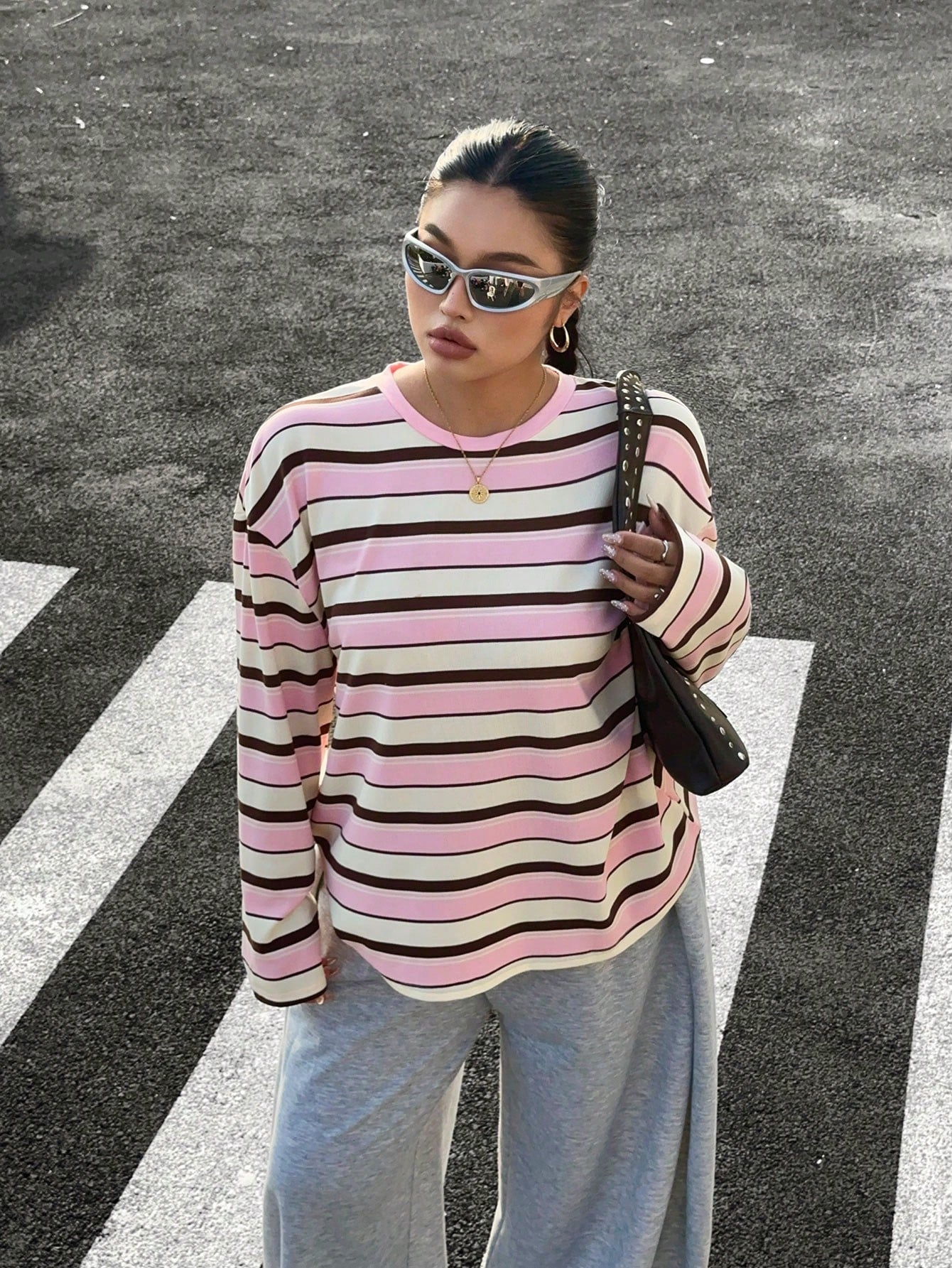 Muchica Women's Plus Size Crew Neck Drop Shoulder Long Sleeve Pink Loose T-Shirt,Autumn,Oversized 90s Traditional Whimsical,School,Back-To-School,Streetwear