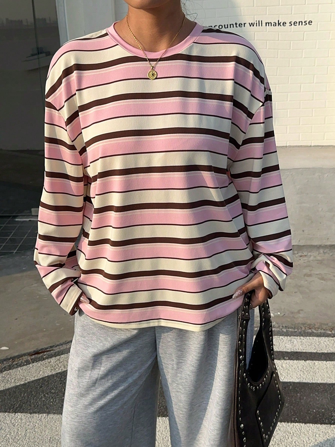 Muchica Women's Plus Size Crew Neck Drop Shoulder Long Sleeve Pink Loose T-Shirt,Autumn,Oversized 90s Traditional Whimsical,School,Back-To-School,Streetwear