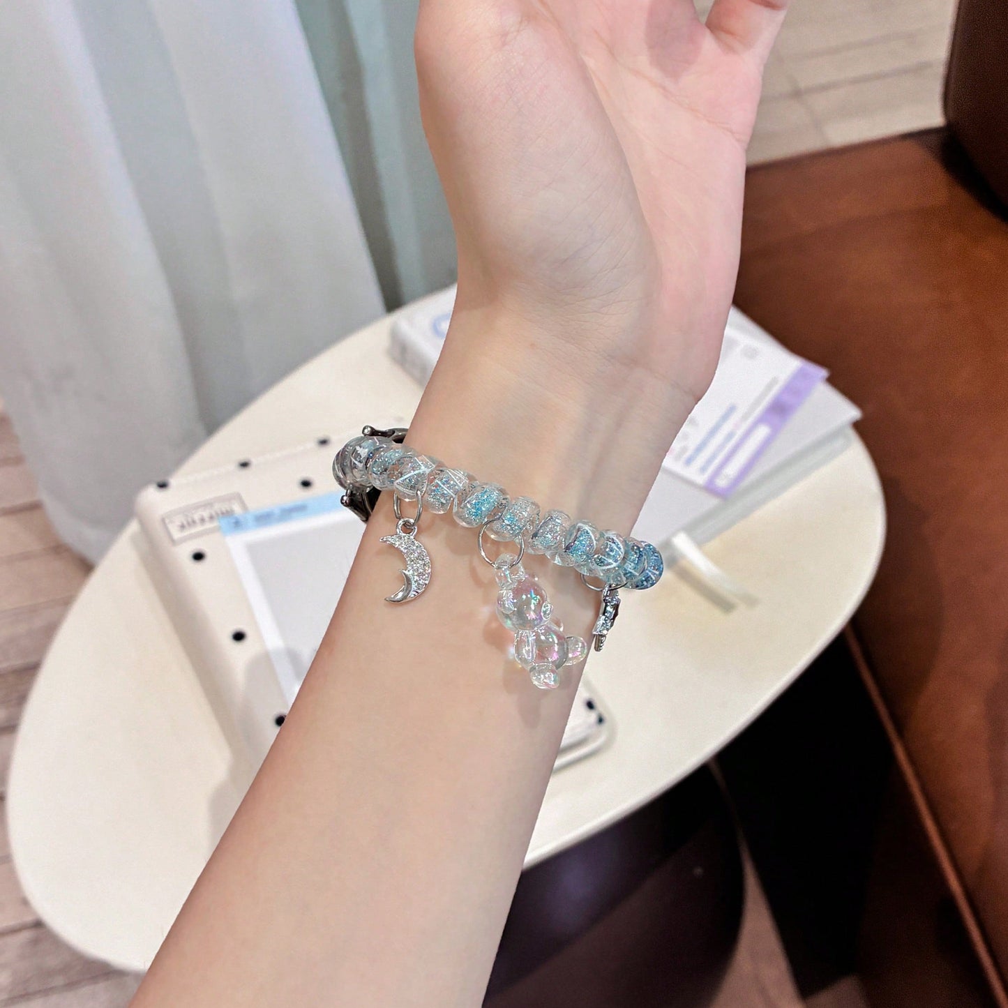 Multi-Functional Watch Band, Elegant And Stylish, Compact And Exquisite. Asymmetrical Fashion Creative Moonlight Bear Phone Line Watch Band Design, Suitable For Xiaomi Band 10/9/8 Series. Quick Releas