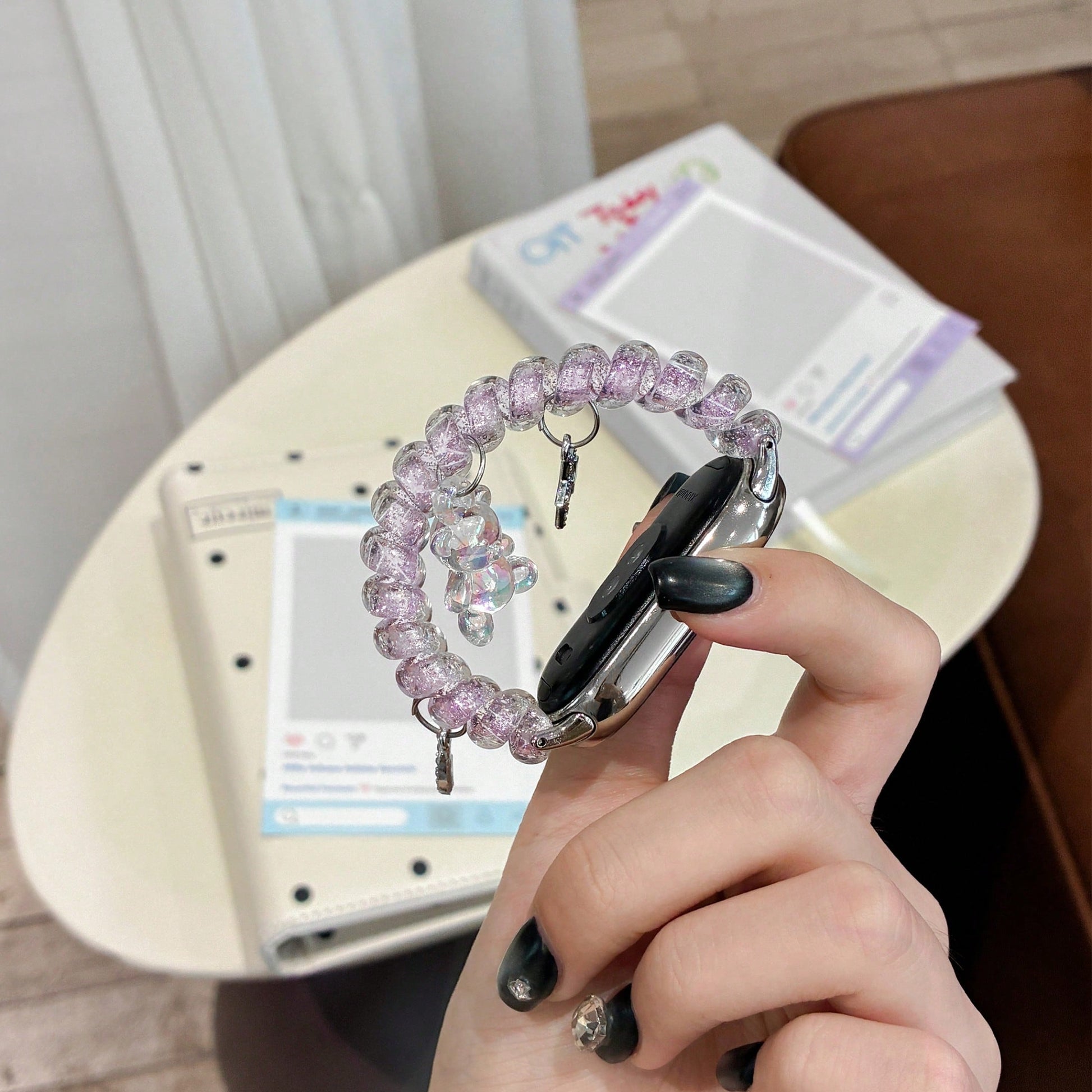 Multi-Functional Watch Band, Elegant And Stylish, Compact And Exquisite. Asymmetrical Fashion Creative Moonlight Bear Phone Line Watch Band Design, Suitable For Xiaomi Band 10/9/8 Series. Quick Releas
