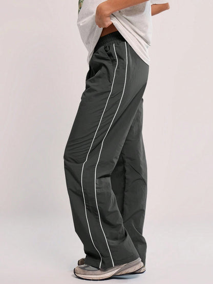 MUSERA Elasticated Waist Contrast Piping Flare Leg Loose Fit Trousers Casual Back To School Sweatpants Joggers Lounge Summer Holiday