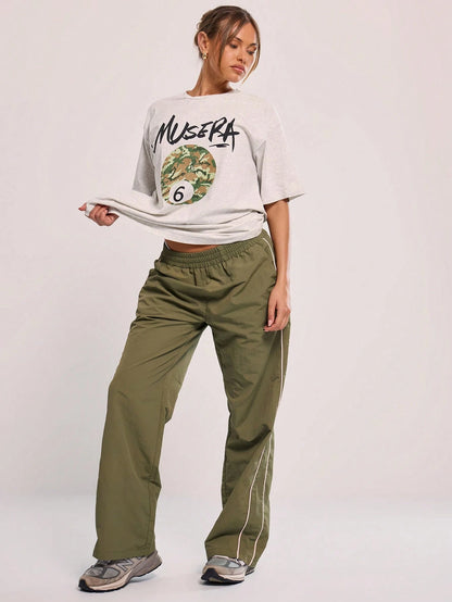 MUSERA Elasticated Waist Contrast Piping Flare Leg Loose Fit Trousers Casual Back To School Sweatpants Joggers Lounge Summer Holiday