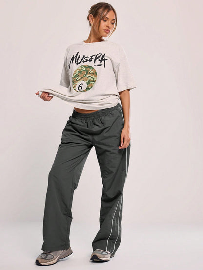 MUSERA Elasticated Waist Contrast Piping Flare Leg Loose Fit Trousers Casual Back To School Sweatpants Joggers Lounge Summer Holiday