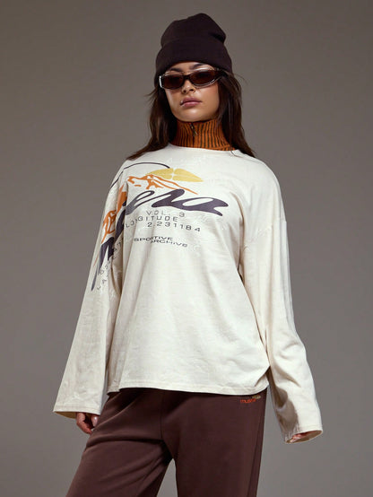 MUSERA Oversized Mountain Map Graphic Long Sleeve Top Coolgirl Cosy Cute Outdoors Explorer Spring Graphic Tee Summer Holiday Casual