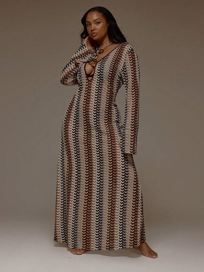 MUSERA Plus Size Striped Crochet Trim Detail Long Sleeve Cover Up Dress Spring Summer Cute Vacation Holiday Festival Ibiza Sexy
