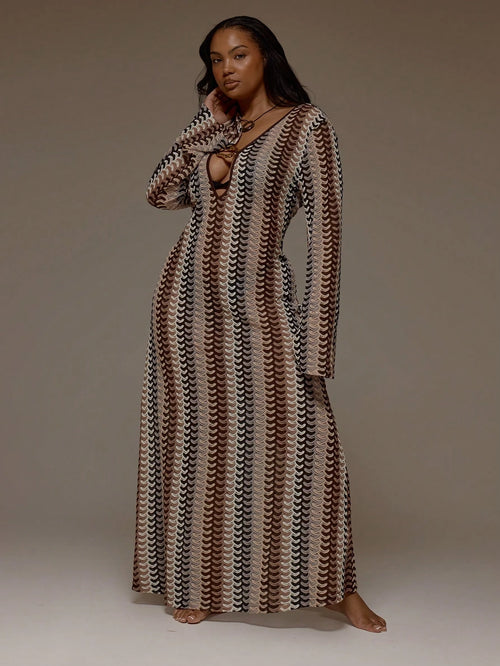 MUSERA Plus Size Striped Crochet Trim Detail Long Sleeve Cover Up Dress Spring Summer Cute Vacation Holiday Festival Ibiza Sexy