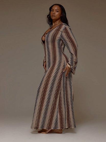 MUSERA Plus Size Striped Crochet Trim Detail Long Sleeve Cover Up Dress Spring Summer Cute Vacation Holiday Festival Ibiza Sexy