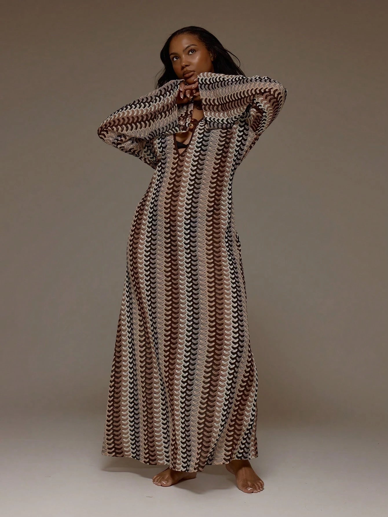 MUSERA Plus Size Striped Crochet Trim Detail Long Sleeve Cover Up Dress Spring Summer Cute Vacation Holiday Festival Ibiza Sexy