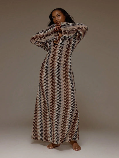 MUSERA Plus Size Striped Crochet Trim Detail Long Sleeve Cover Up Dress Spring Summer Cute Vacation Holiday Festival Ibiza Sexy