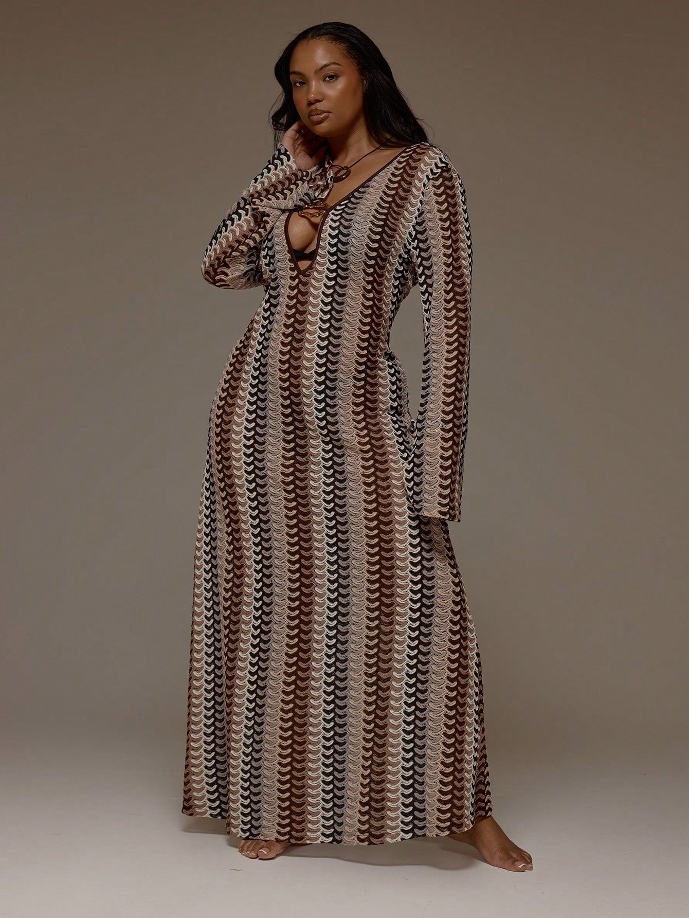 MUSERA Plus Size Striped Crochet Trim Detail Long Sleeve Cover Up Dress Spring Summer Cute Vacation Holiday Festival Ibiza Sexy