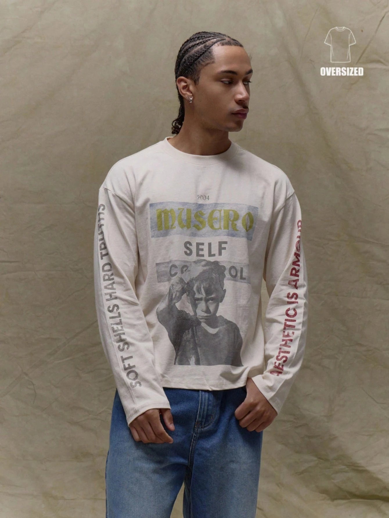 Musero Boxy Oversized Graphic Slogan And Print Long Sleeve T-Shirt Spring&Summer