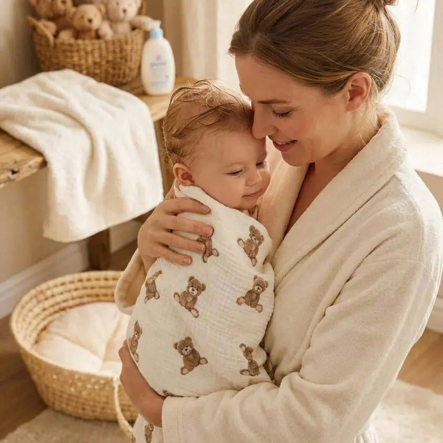 Muslin Swaddle Blankets, Boho Teddy Bear Neutral Burp Cloths, Multi-Use For Burp Cloths, Bibs, Cuddling, Play Time, Baby Essentials (Teddy Bear)