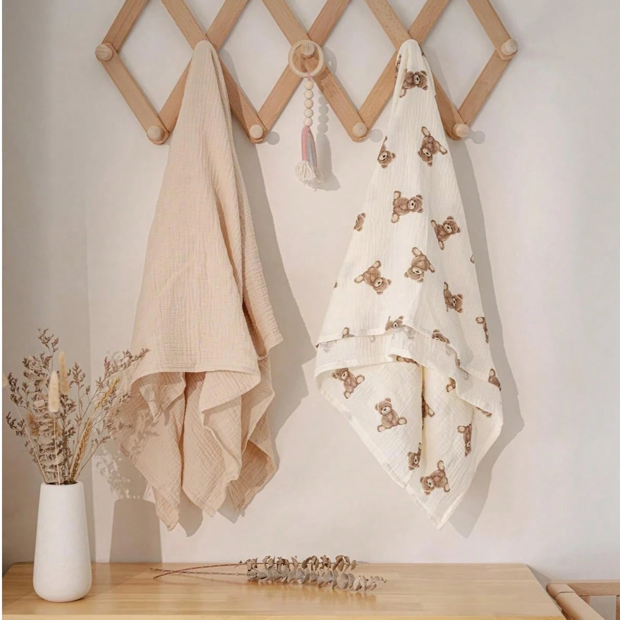 Muslin Swaddle Blankets, Boho Teddy Bear Neutral Burp Cloths, Multi-Use For Burp Cloths, Bibs, Cuddling, Play Time, Baby Essentials (Teddy Bear)