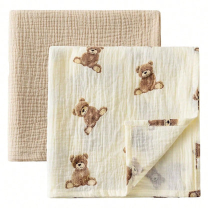 Muslin Swaddle Blankets, Boho Teddy Bear Neutral Burp Cloths, Multi-Use For Burp Cloths, Bibs, Cuddling, Play Time, Baby Essentials (Teddy Bear)