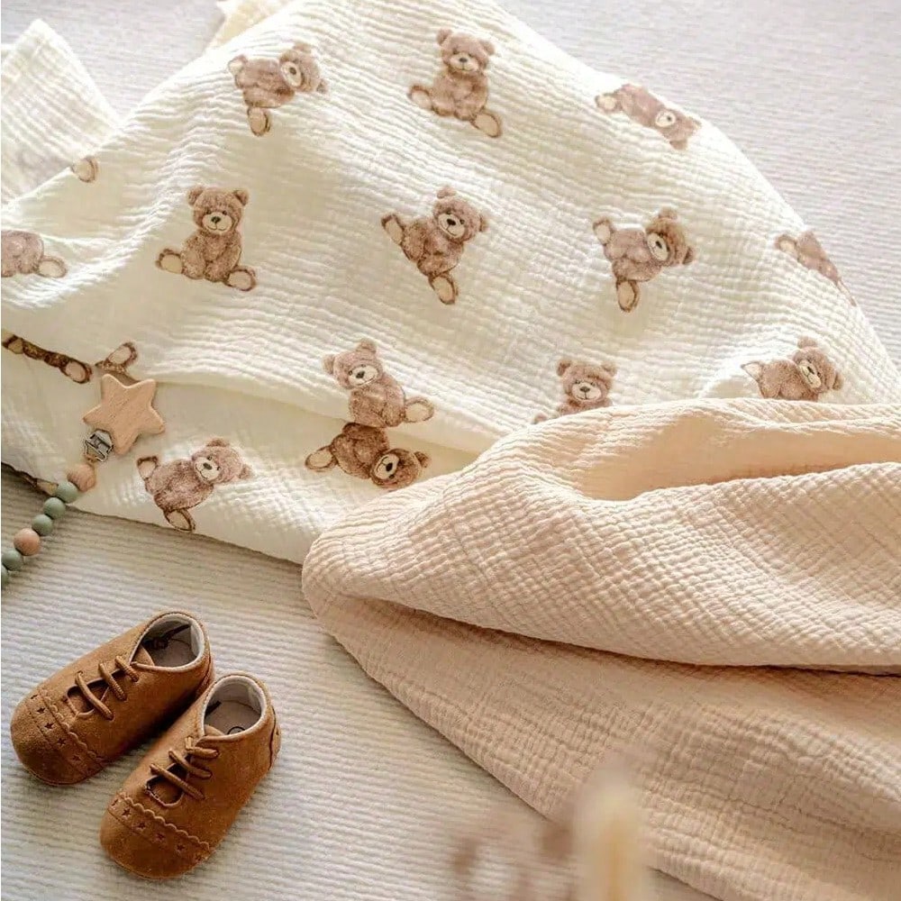 Muslin Swaddle Blankets, Boho Teddy Bear Neutral Burp Cloths, Multi-Use For Burp Cloths, Bibs, Cuddling, Play Time, Baby Essentials (Teddy Bear)