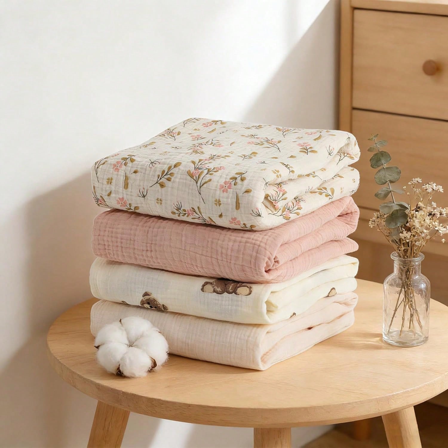 Muslin Swaddle Blankets, Boho Teddy Bear Neutral Burp Cloths, Multi-Use For Burp Cloths, Bibs, Cuddling, Play Time, Baby Essentials (Teddy Bear)