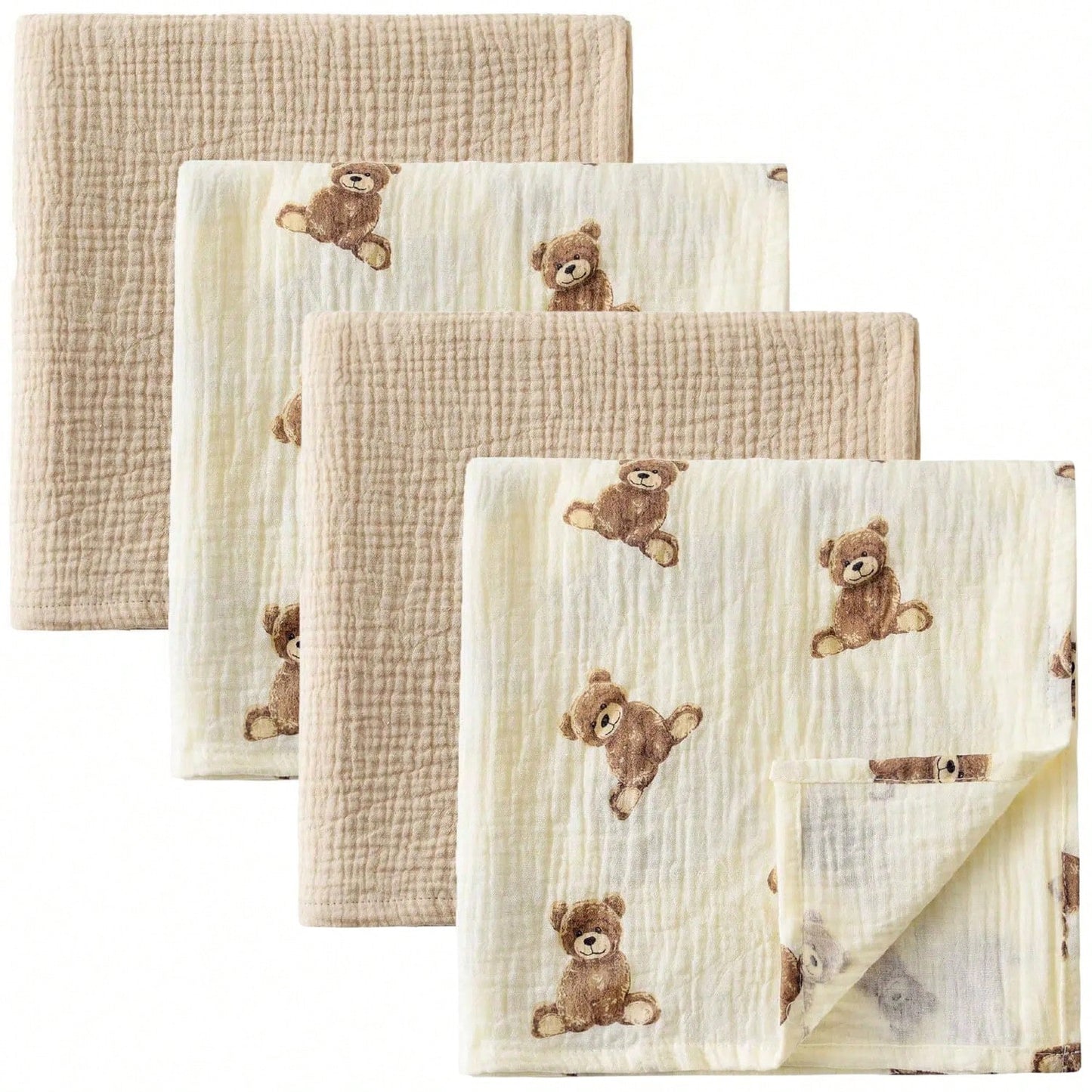 Muslin Swaddle Blankets, Boho Teddy Bear Neutral Burp Cloths, Multi-Use For Burp Cloths, Bibs, Cuddling, Play Time, Baby Essentials (Teddy Bear)