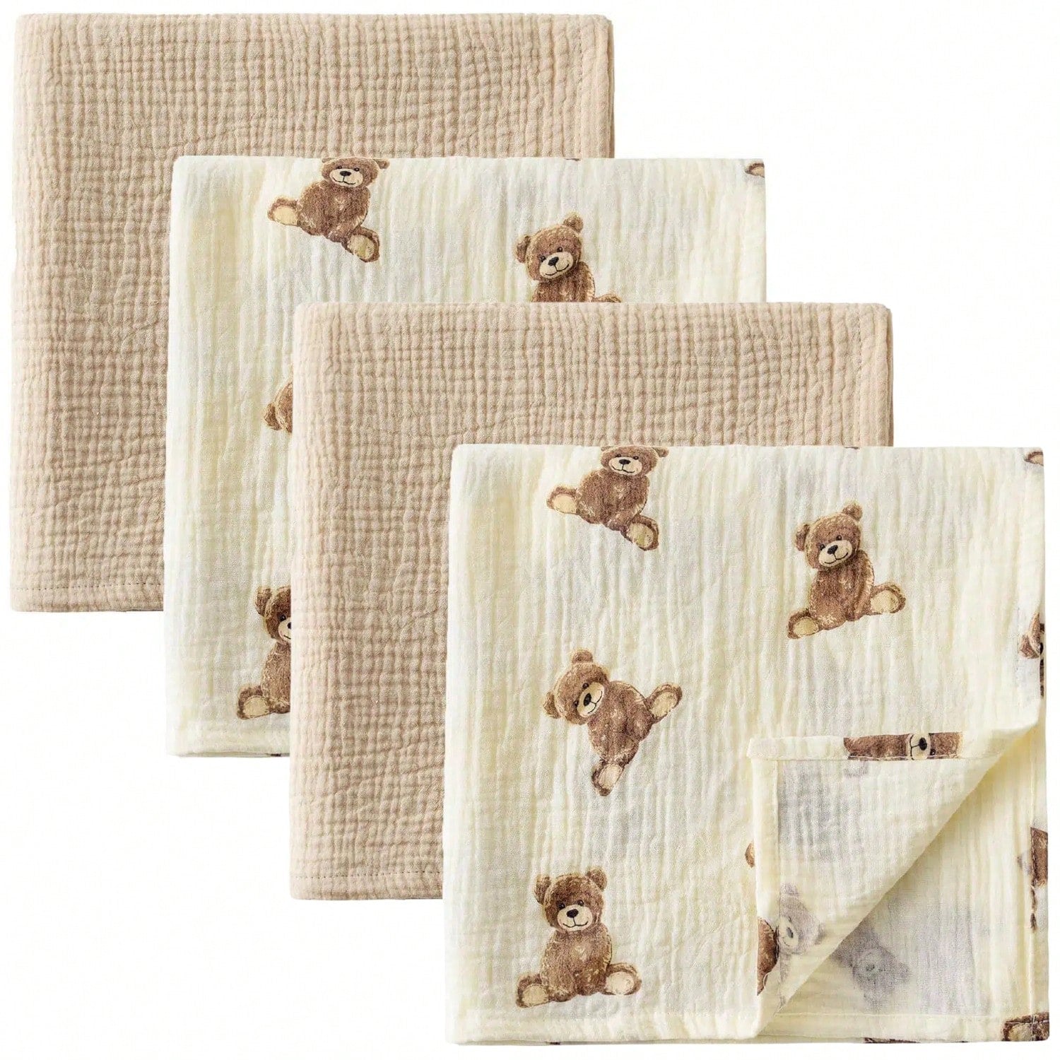 Muslin Swaddle Blankets, Boho Teddy Bear Neutral Burp Cloths, Multi-Use For Burp Cloths, Bibs, Cuddling, Play Time, Baby Essentials (Teddy Bear)