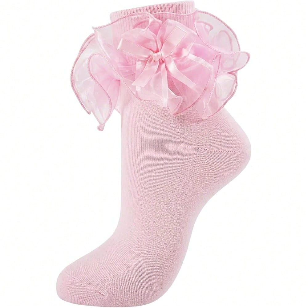 NEW- 1 Pair Women Big Ruffle Ankle Bow Socks Adult Double Lace Frilly Dress Socks Cute Crew 80s Fancy Bobby Bride Sock