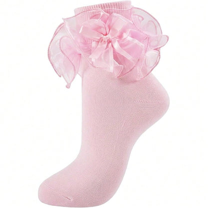 NEW- 1 Pair Women Big Ruffle Ankle Bow Socks Adult Double Lace Frilly Dress Socks Cute Crew 80s Fancy Bobby Bride Sock