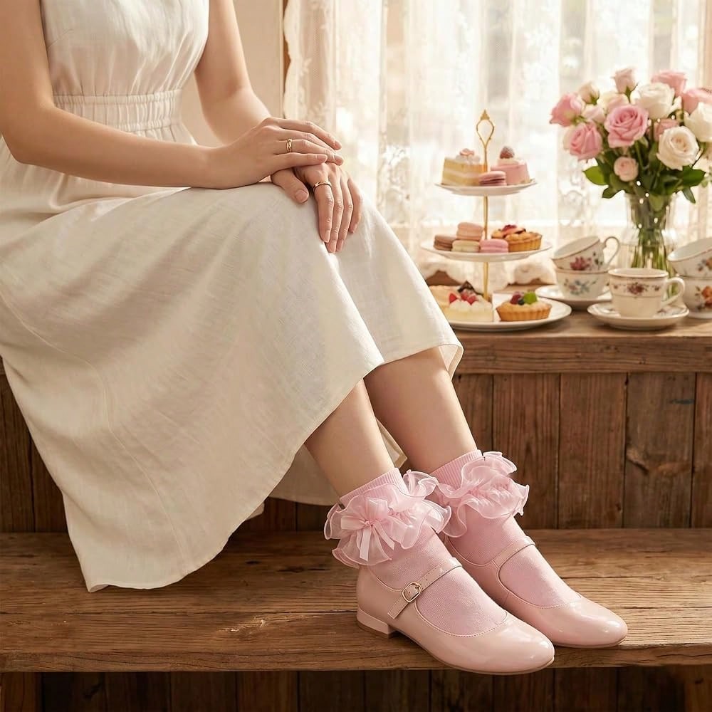 NEW- 1 Pair Women Big Ruffle Ankle Bow Socks Adult Double Lace Frilly Dress Socks Cute Crew 80s Fancy Bobby Bride Sock