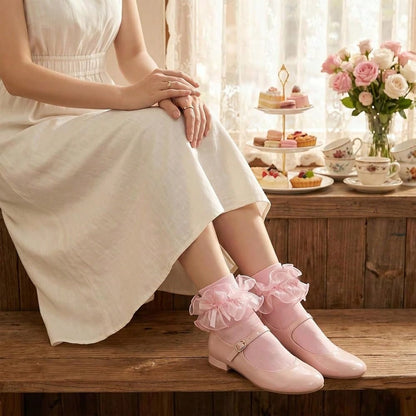 NEW- 1 Pair Women Big Ruffle Ankle Bow Socks Adult Double Lace Frilly Dress Socks Cute Crew 80s Fancy Bobby Bride Sock