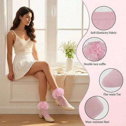 NEW- 1 Pair Women Big Ruffle Ankle Bow Socks Adult Double Lace Frilly Dress Socks Cute Crew 80s Fancy Bobby Bride Sock