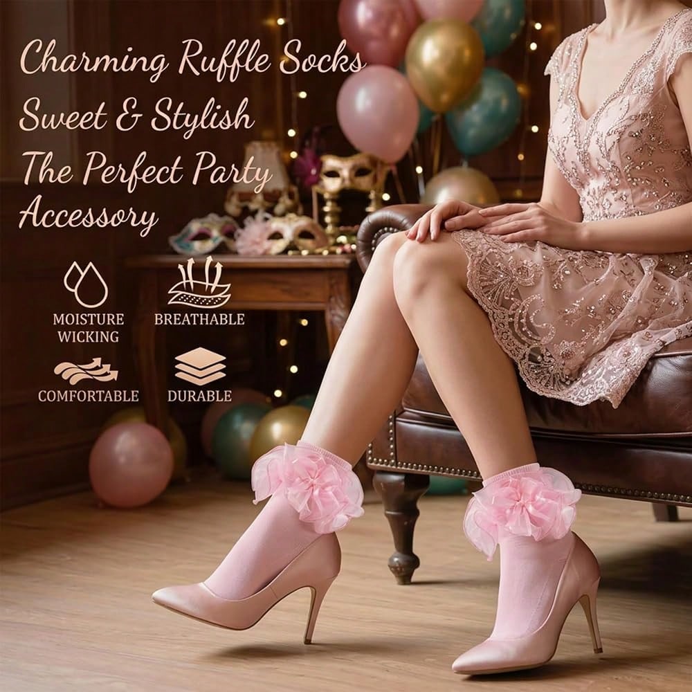 NEW- 1 Pair Women Big Ruffle Ankle Bow Socks Adult Double Lace Frilly Dress Socks Cute Crew 80s Fancy Bobby Bride Sock