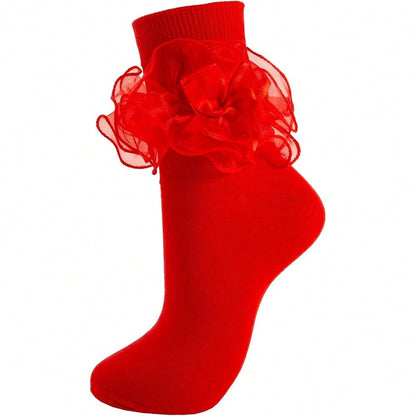 NEW- 1 Pair Women Big Ruffle Ankle Bow Socks Adult Double Lace Frilly Dress Socks Cute Crew 80s Fancy Bobby Bride Sock