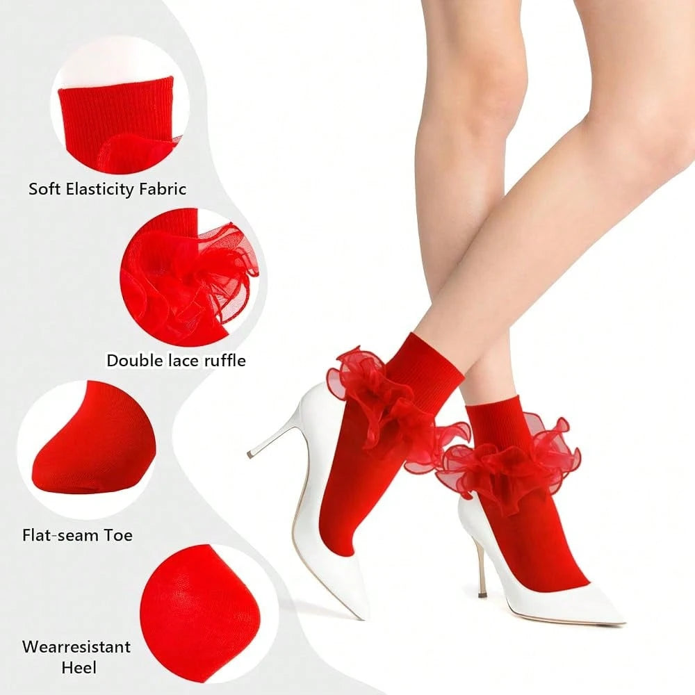 NEW- 1 Pair Women Big Ruffle Ankle Bow Socks Adult Double Lace Frilly Dress Socks Cute Crew 80s Fancy Bobby Bride Sock