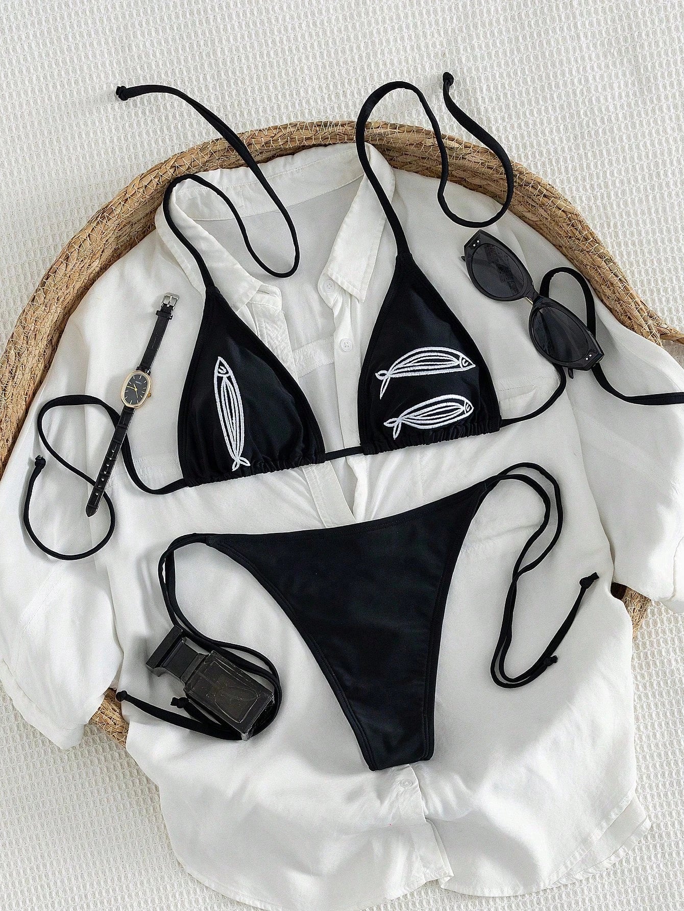 New 2-Piece Set Women's Elegant Sexy Cute Y2K Style Pure Black Triangle Bikini Set, Tie-Up Triangle Top Summer Vacation Beach