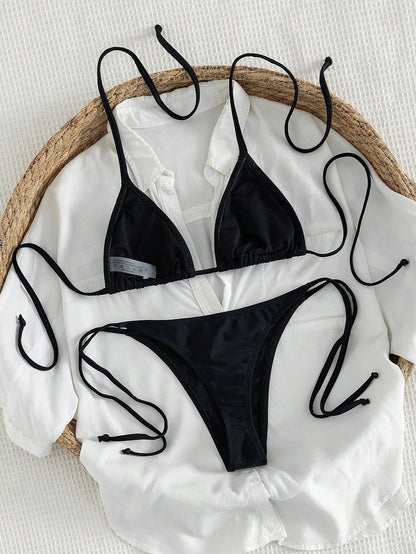 New 2-Piece Set Women's Elegant Sexy Cute Y2K Style Pure Black Triangle Bikini Set, Tie-Up Triangle Top Summer Vacation Beach