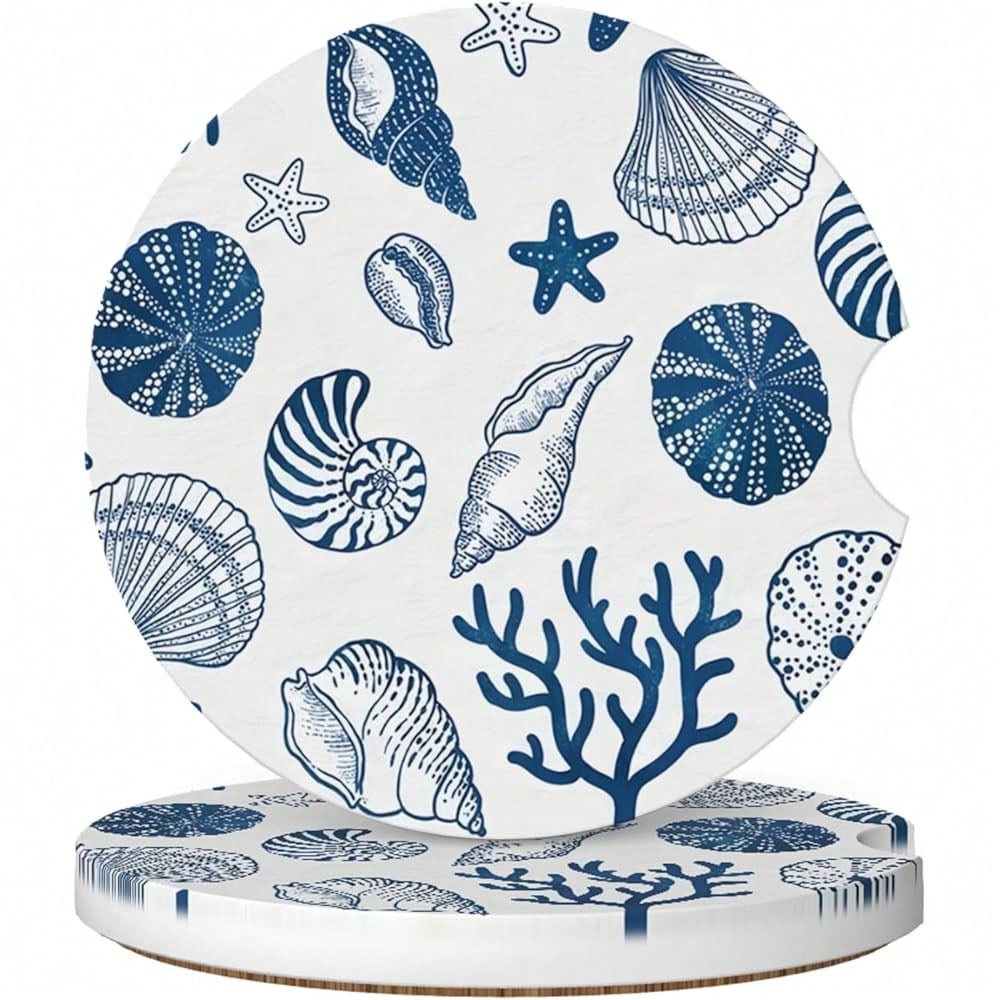 NEW- Absorbent Car Coasters For Cup Holders, 2 Pack Universal Anti Slip Ceramic Cup Coaster For Women Men 2.56 Inch Car Interior Accessories- Blue Sea Shell 013