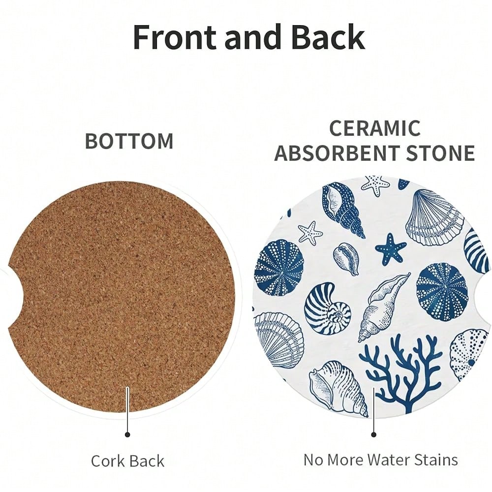 NEW- Absorbent Car Coasters For Cup Holders, 2 Pack Universal Anti Slip Ceramic Cup Coaster For Women Men 2.56 Inch Car Interior Accessories- Blue Sea Shell 013