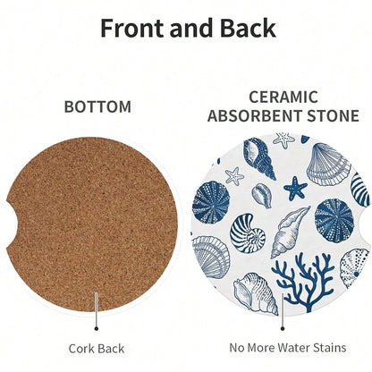 NEW- Absorbent Car Coasters For Cup Holders, 2 Pack Universal Anti Slip Ceramic Cup Coaster For Women Men 2.56 Inch Car Interior Accessories- Blue Sea Shell 013