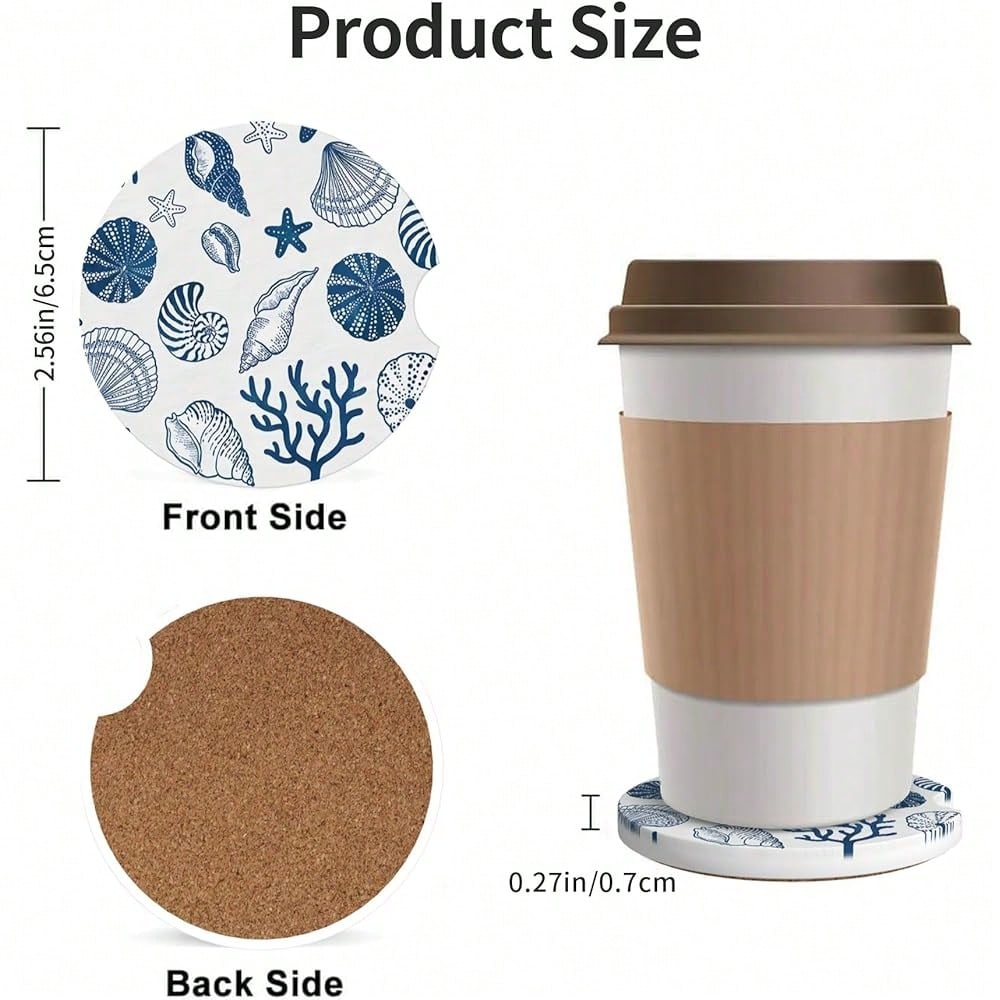 NEW- Absorbent Car Coasters For Cup Holders, 2 Pack Universal Anti Slip Ceramic Cup Coaster For Women Men 2.56 Inch Car Interior Accessories- Blue Sea Shell 013