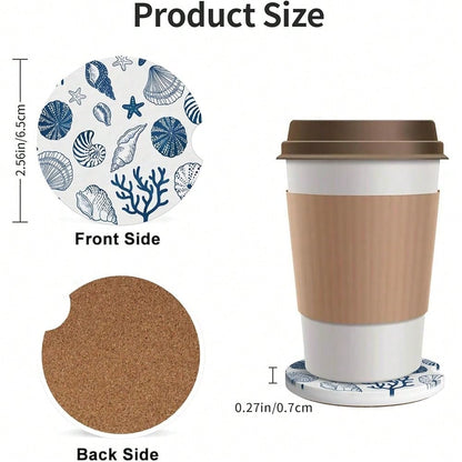 NEW- Absorbent Car Coasters For Cup Holders, 2 Pack Universal Anti Slip Ceramic Cup Coaster For Women Men 2.56 Inch Car Interior Accessories- Blue Sea Shell 013