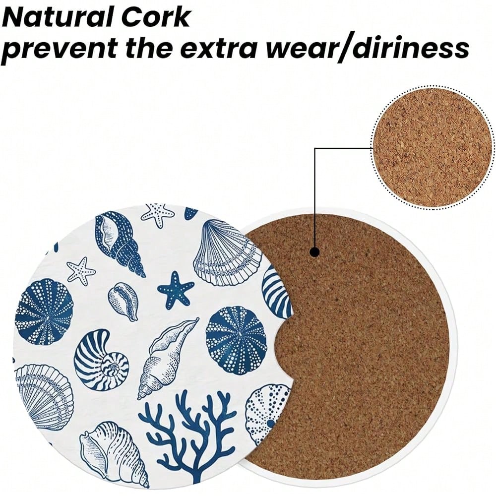 NEW- Absorbent Car Coasters For Cup Holders, 2 Pack Universal Anti Slip Ceramic Cup Coaster For Women Men 2.56 Inch Car Interior Accessories- Blue Sea Shell 013